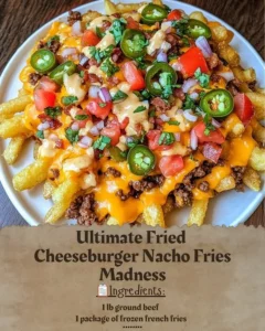 Delicious Fried Cheeseburger Nacho Fries topped with cheese and beef