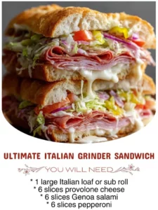 Delicious Ultimate Italian Grinder Sandwich loaded with meats and cheeses
