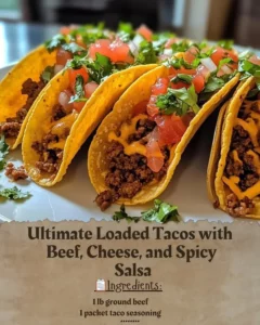 Delicious loaded tacos with beef, cheese, and spicy salsa on a plate.