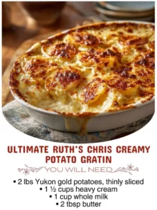 Creamy potato gratin dish inspired by Ruth's Chris recipe with golden, cheesy topping.