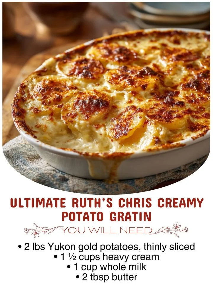 Creamy potato gratin dish inspired by Ruth's Chris recipe with golden, cheesy topping.