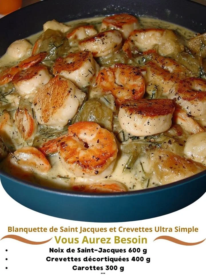 Creamy scallop shrimp blanquette served in a bowl with herbs and seasoning