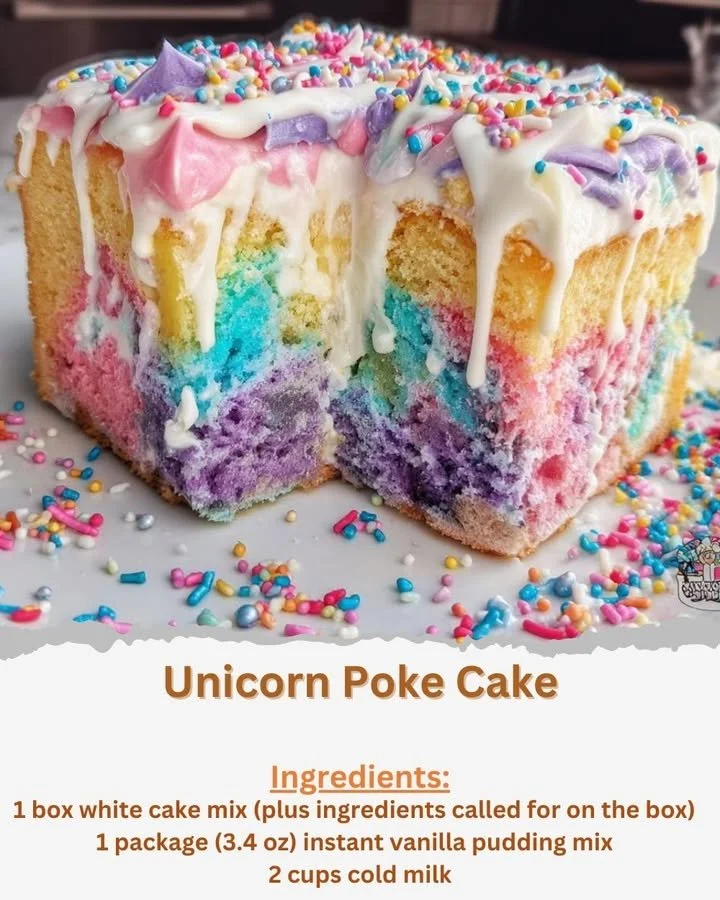 Rainbow-colored Unicorn Poke Cake with sprinkles and whipped cream