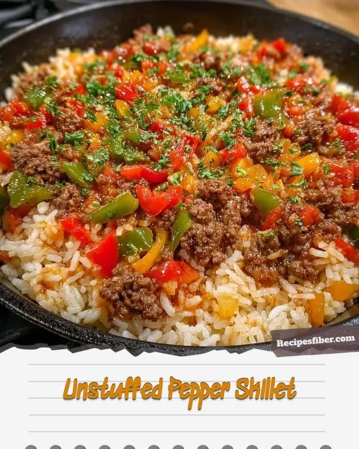 A colorful unstuffed pepper skillet with bell peppers, ground meat, and rice