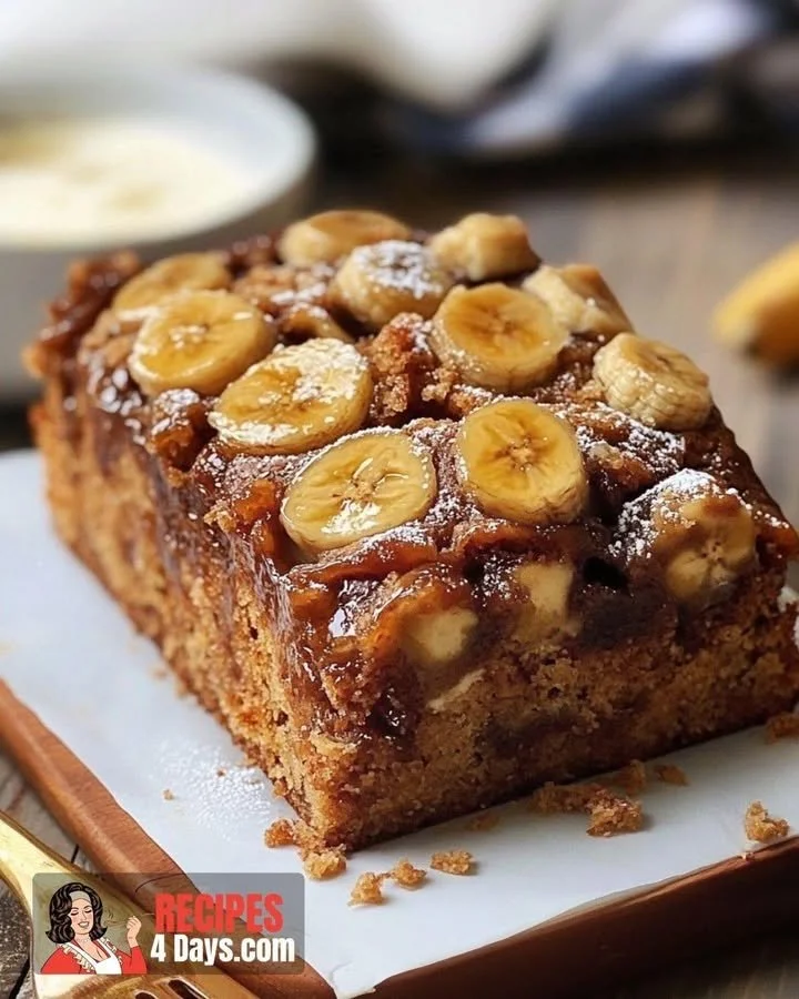 Slice of upside-down banana bread topped with caramelized bananas