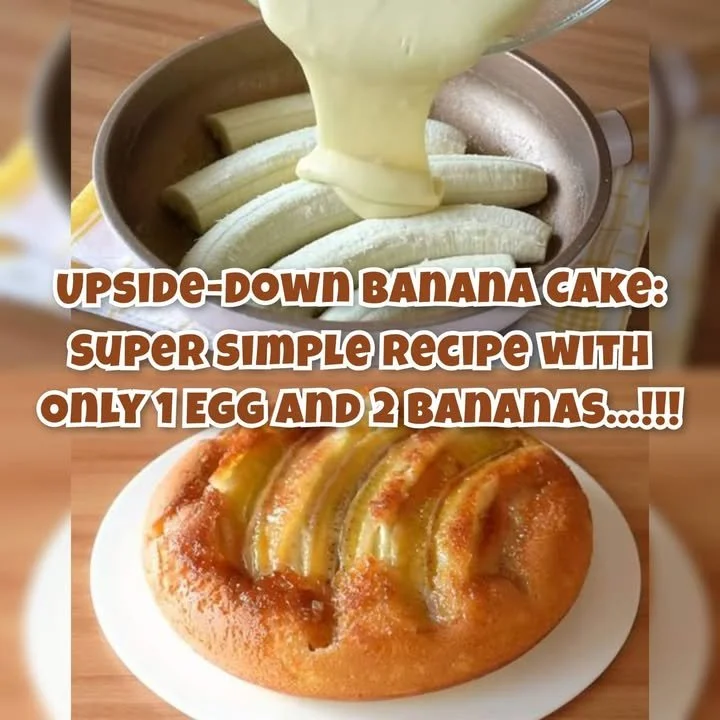 Delicious upside-down banana cake served on a white plate with banana slices