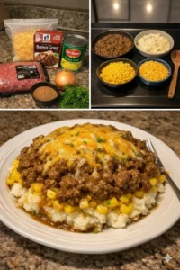 Upside Down Shepherd's Pie with layers of meat and mashed potatoes