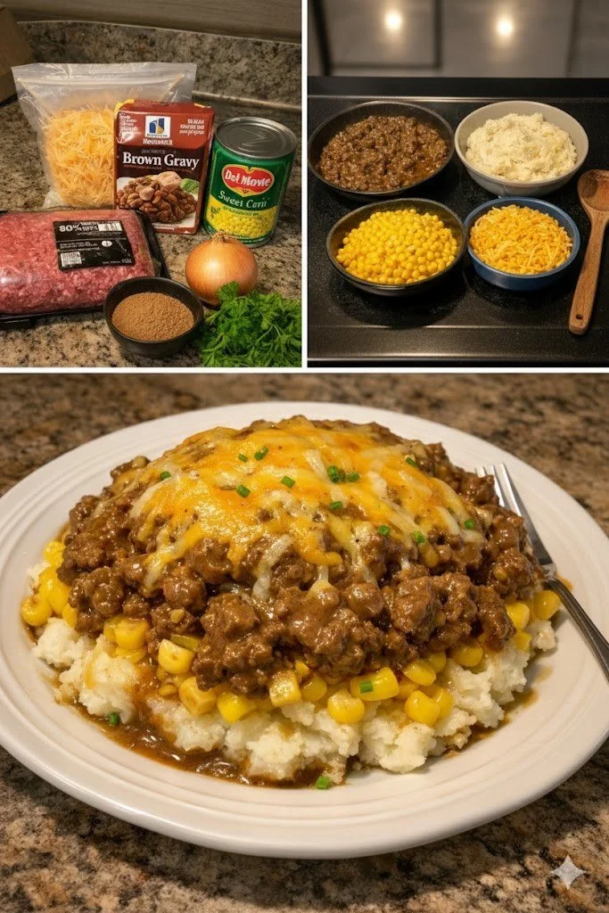 Upside Down Shepherd's Pie with layers of meat and mashed potatoes