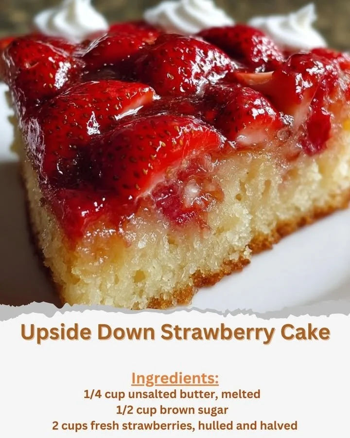 Upside Down Strawberry Cake topped with fresh strawberries and caramel glaze