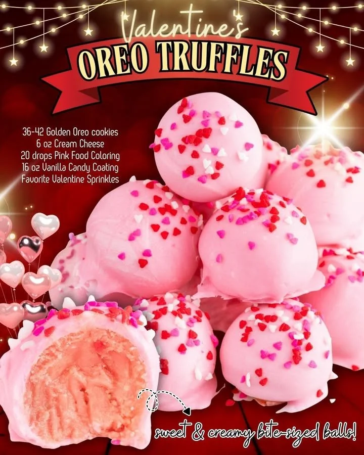 Valentine Oreo truffles decorated with sprinkles and placed in a heart-shaped box.