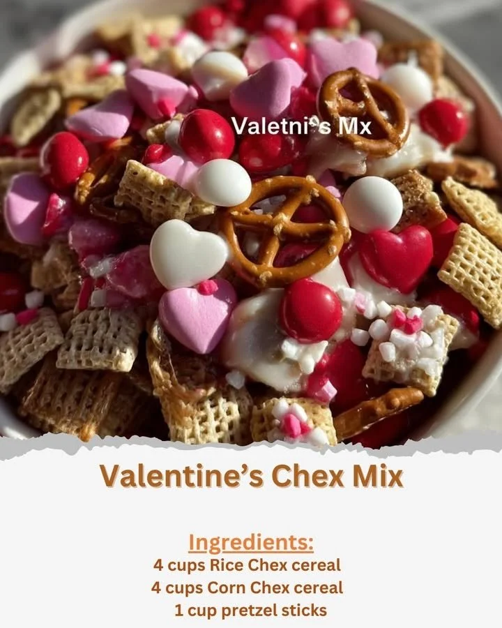 Colorful Valentine's Chex Mix with hearts and treats in a festive bowl