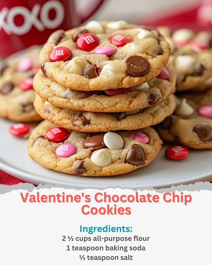 Valentine's chocolate chip cookies decorated with heart shapes and pink sprinkles