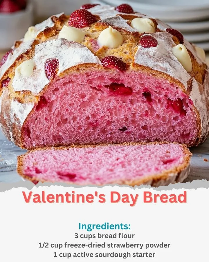 Valentine's Day sourdough bread with white chocolate chips and strawberries