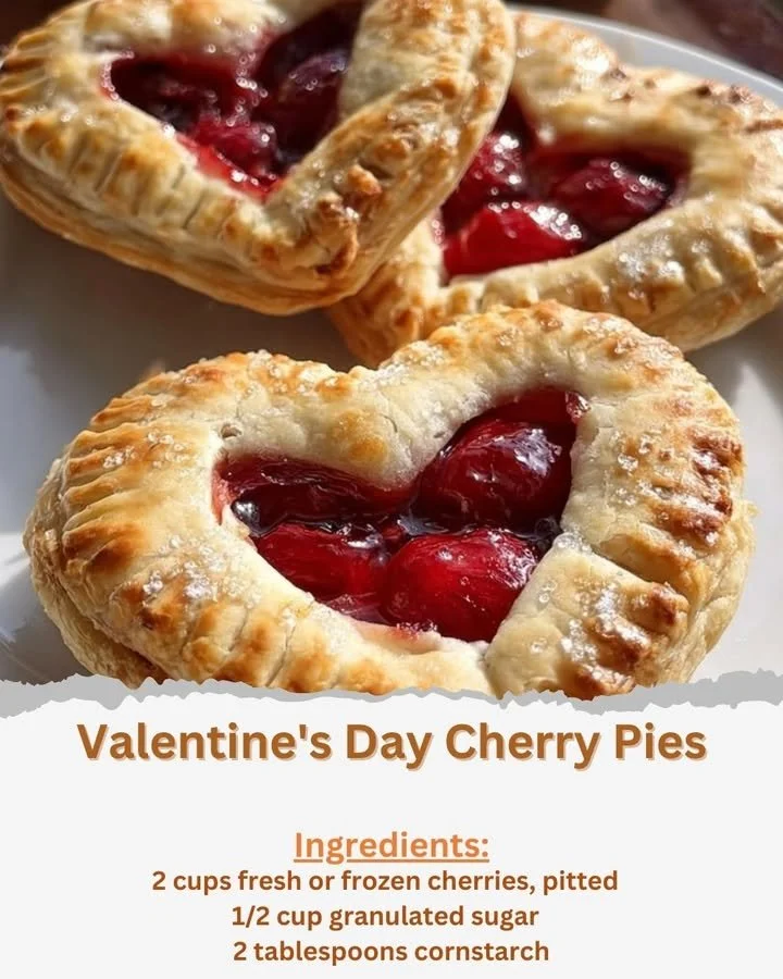 Delicious Valentine's Day cherry pies topped with heart-shaped decorations.
