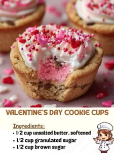 Valentine's Day cookie cups decorated with hearts and sprinkles