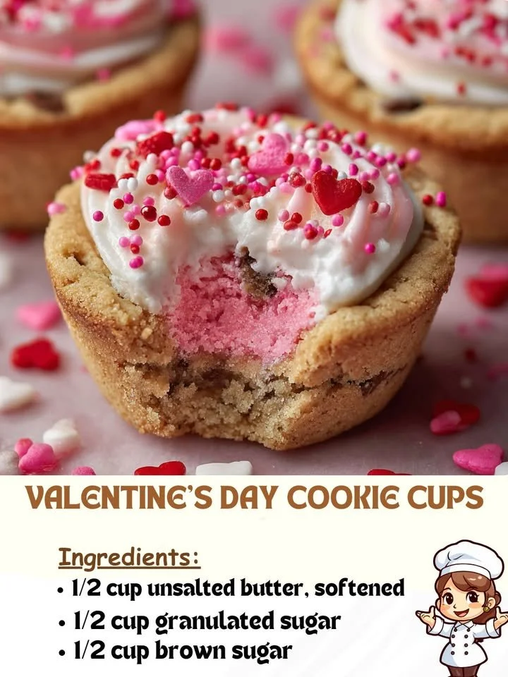 Valentine's Day cookie cups decorated with hearts and sprinkles