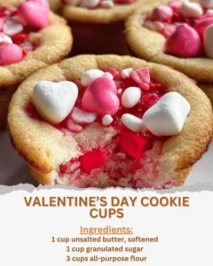 Valentine's Day cookie cups decorated with heart sprinkles.