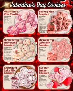 Heart-shaped Valentine's Day cookies decorated with icing and sprinkles.