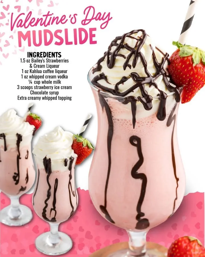 Valentine's Day Mudslide cocktail topped with chocolate and heart sprinkles