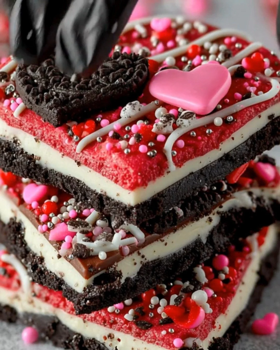 Valentine's Day Oreo Cookie Bark with chocolate and crushed Oreos