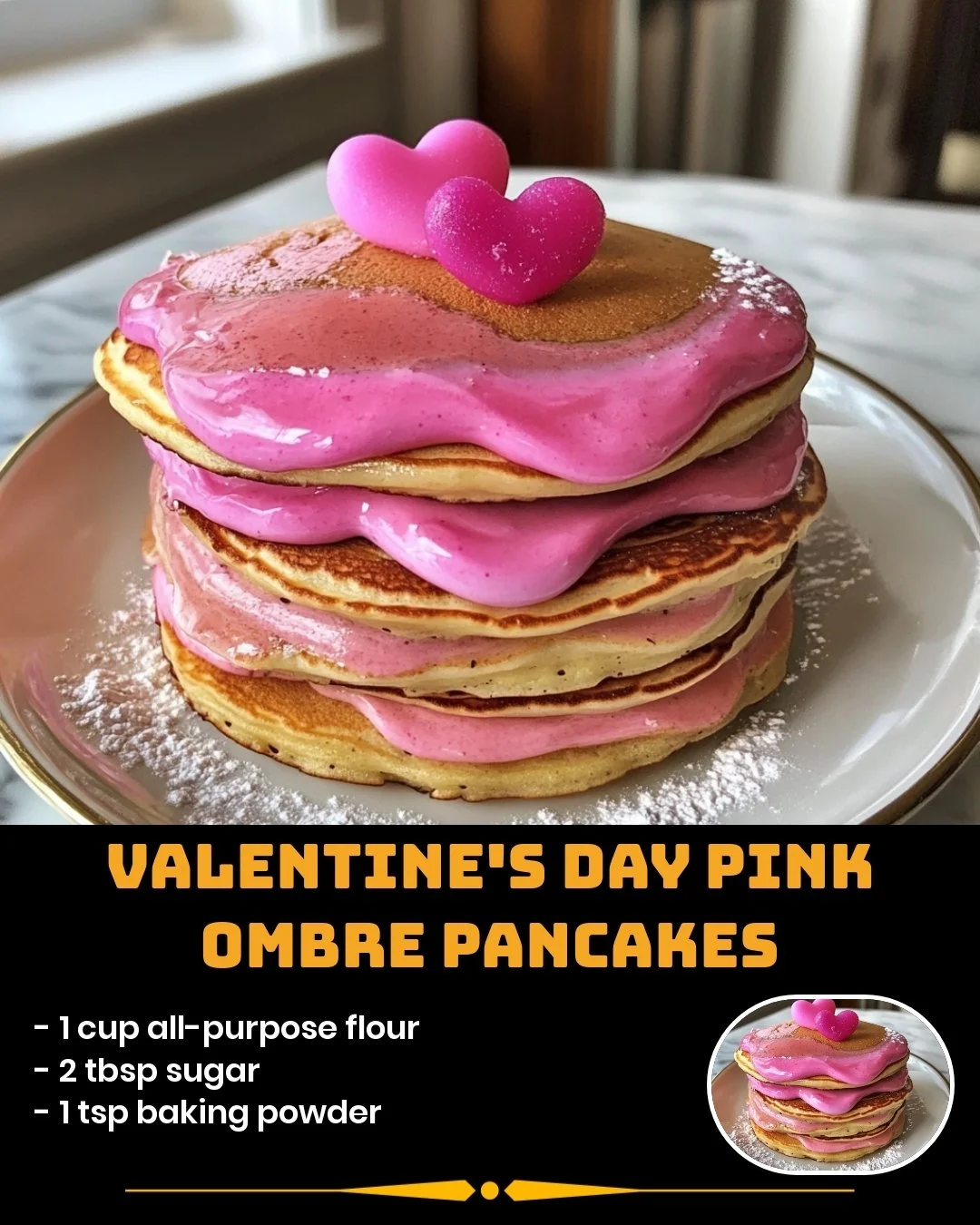 Valentine's Day pink ombre pancakes stacked on a plate with fresh berries