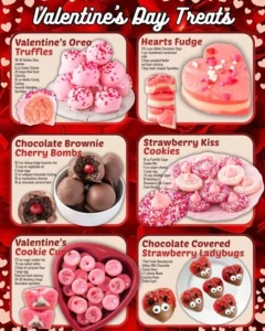 A variety of Valentine's Day treats including chocolates, cookies, and heart-shaped desserts.