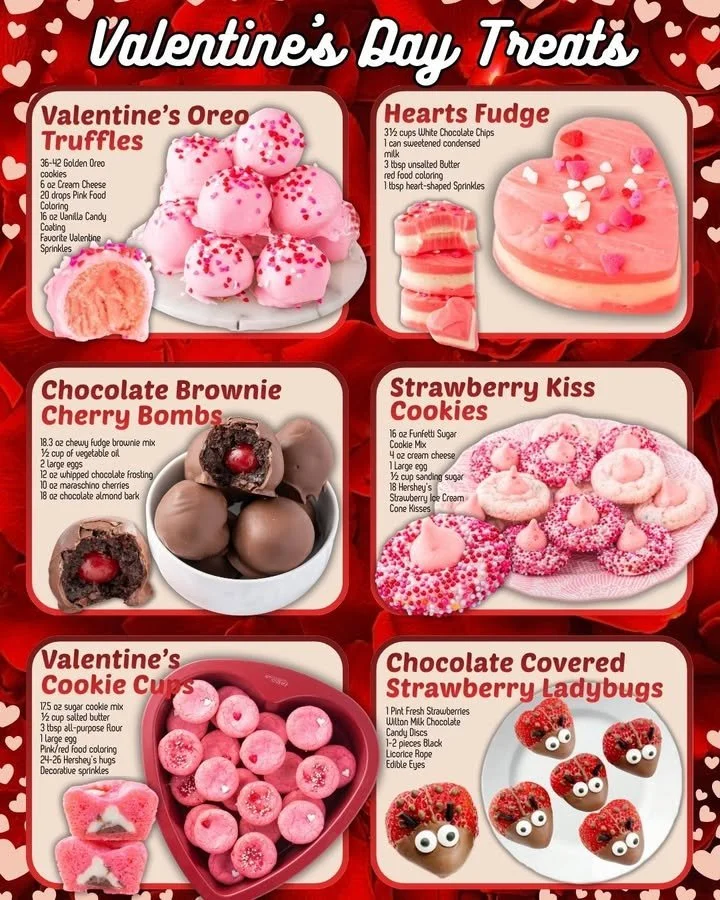 A variety of Valentine's Day treats including chocolates, cookies, and heart-shaped desserts.
