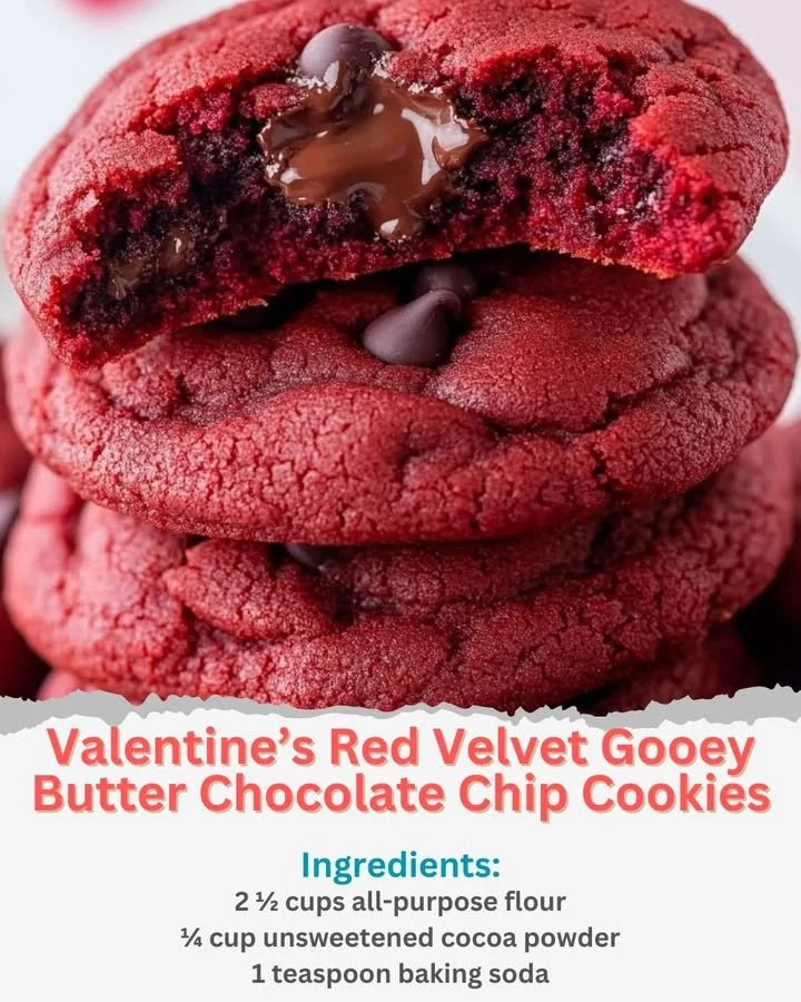 Delicious red velvet cookies topped with gooey chocolate chips for Valentine's Day