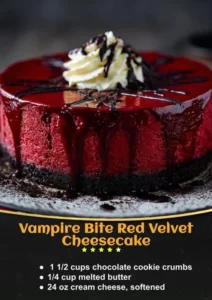 Vampire Bite Red Velvet Cheesecake topped with chocolate and cream