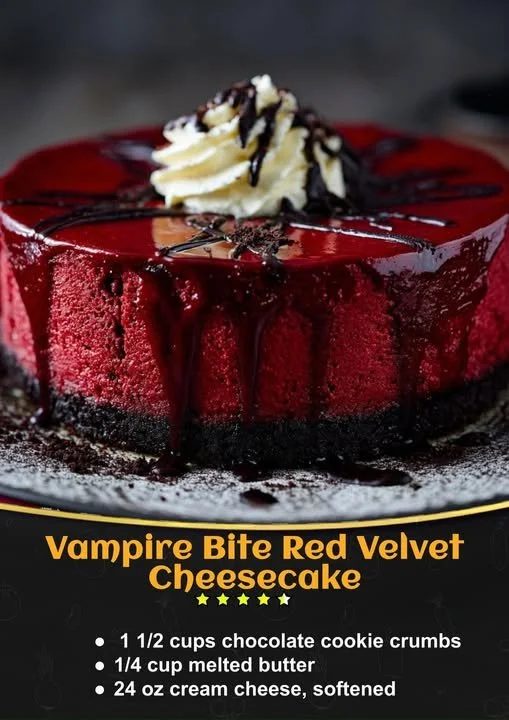 Vampire Bite Red Velvet Cheesecake topped with chocolate and cream