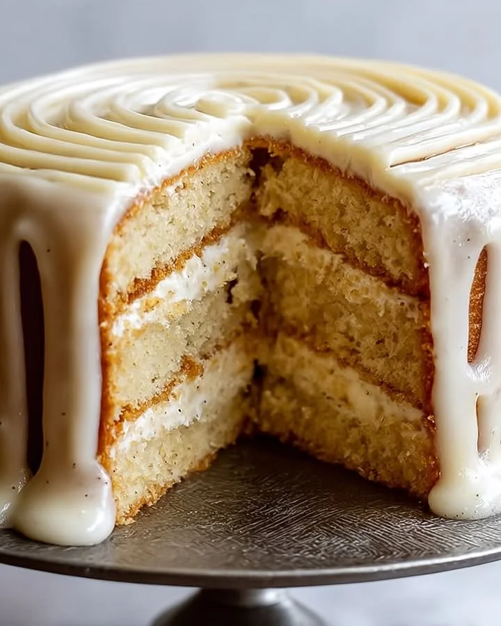Delicious Vanilla Cloud Drizzle Cake topped with a sweet vanilla glaze.