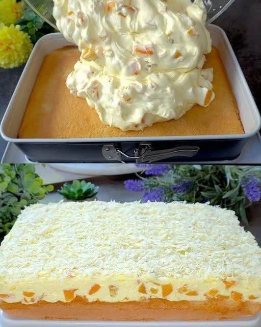 Vanilla Peach Cake topped with cream and white chocolate, showcasing a delightful dessert