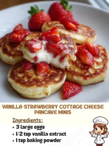 Vanilla-strawberry cottage cheese pancake minis served on a plate