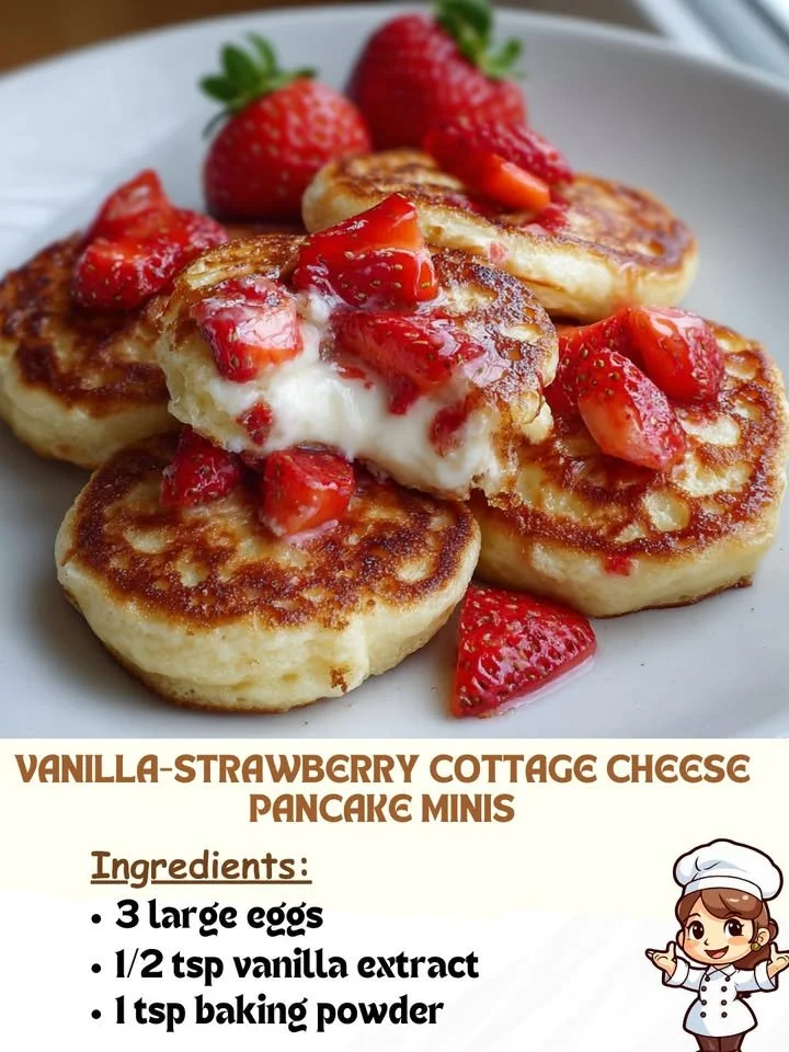 Vanilla-strawberry cottage cheese pancake minis served on a plate