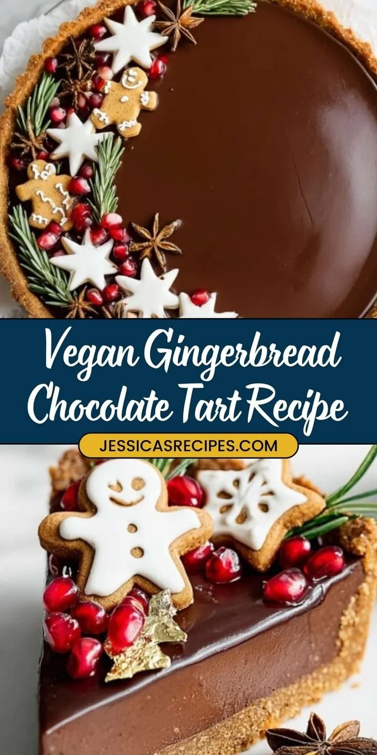 Vegan Gingerbread Chocolate Tart topped with chocolate drizzle and spices