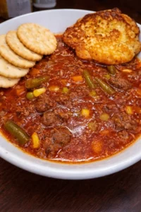 Bowl of delicious Vegetable Beef Soup with fresh ingredients