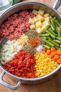 Bowl of hearty vegetable beef soup with fresh vegetables and tender beef.