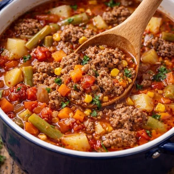 Bowl of hearty vegetable beef soup filled with fresh vegetables and tender beef.