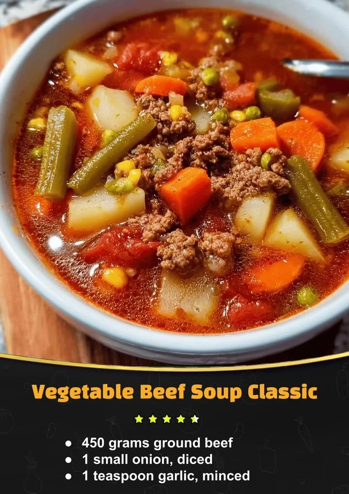 A warm bowl of classic vegetable beef soup garnished with fresh herbs.