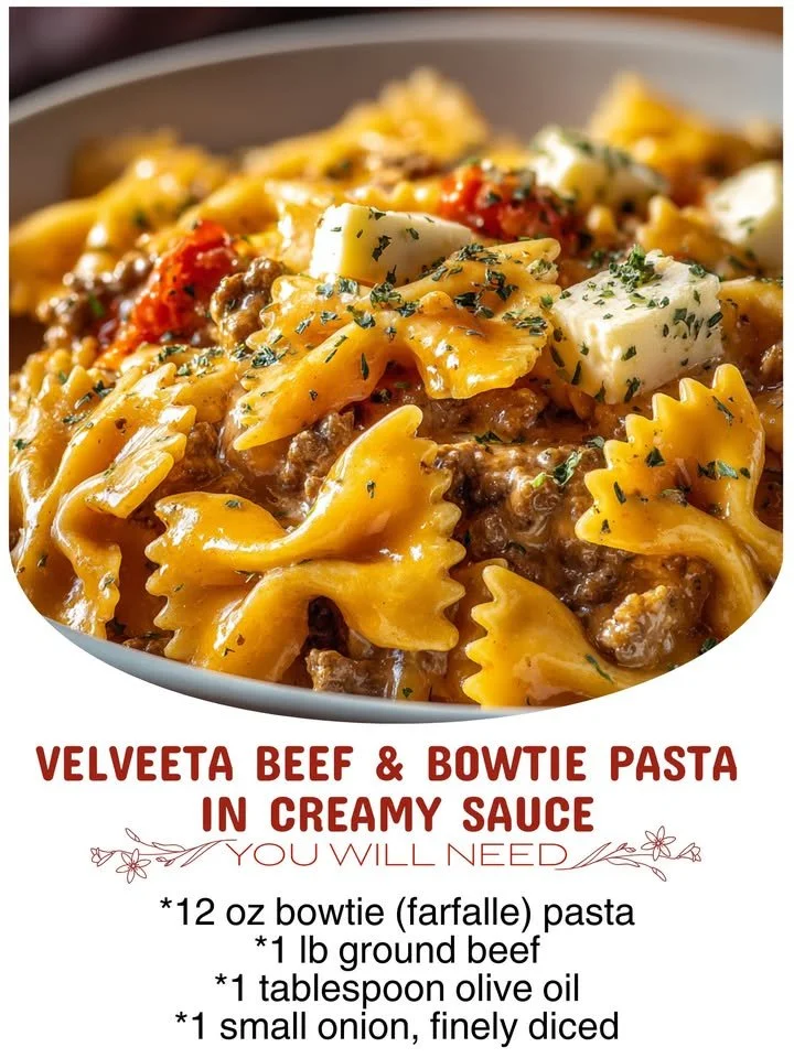 Creamy Velveeta Beef Bowtie Pasta served in a bowl with fresh herbs