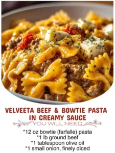 Velveeta Beef & Bowtie Pasta in Creamy Sauce garnished on a plate