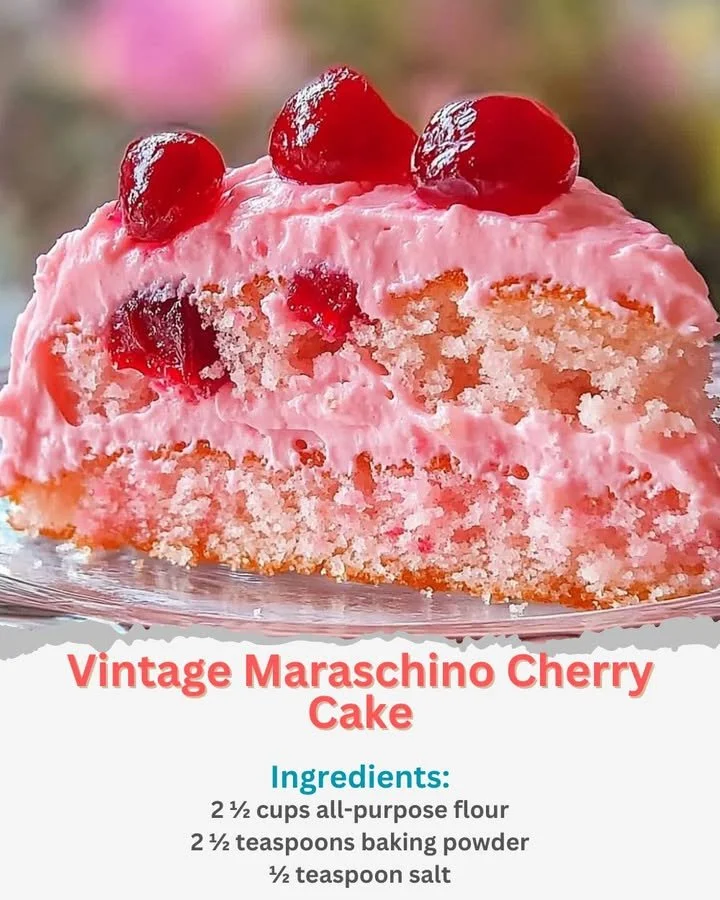 Delicious Vintage Maraschino Cherry Cake topped with cherries and cream
