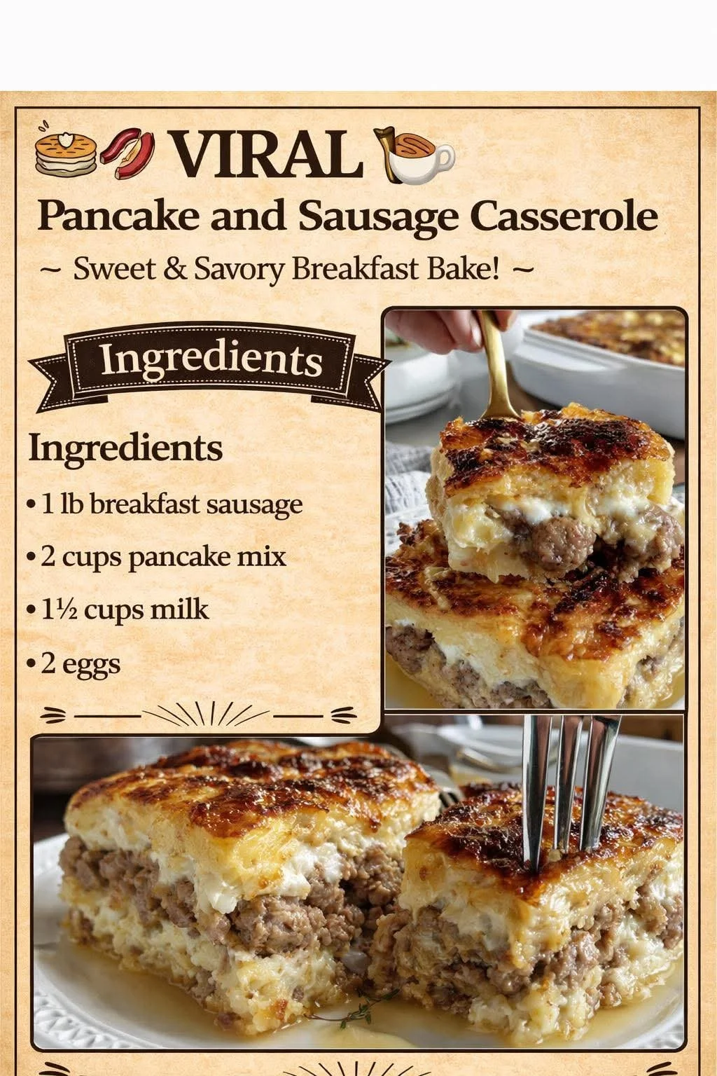 Viral pancake and sausage casserole served in a baking dish