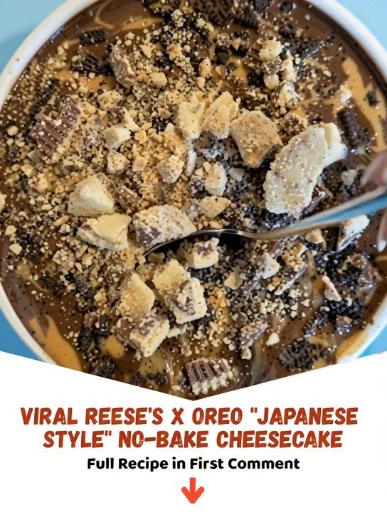 Viral Reese's x OREO Japanese Style No-Bake Cheesecake topped with chocolate and nuts.