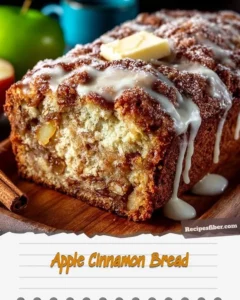 Warm apple cinnamon loaf with sweet glaze on a wooden table