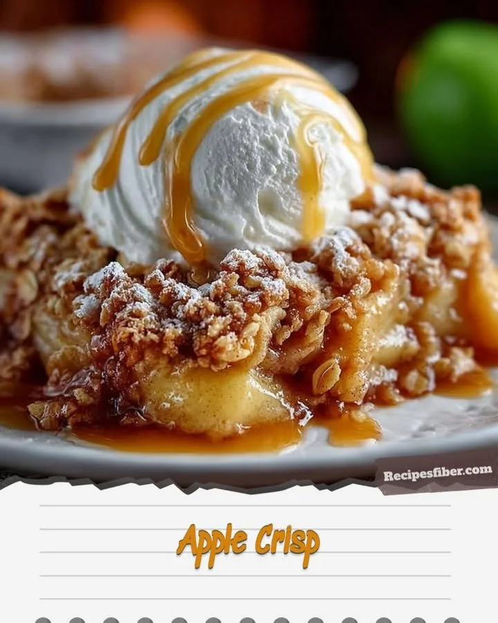 Warm apple crisp topped with a golden brown crust and fresh apple slices