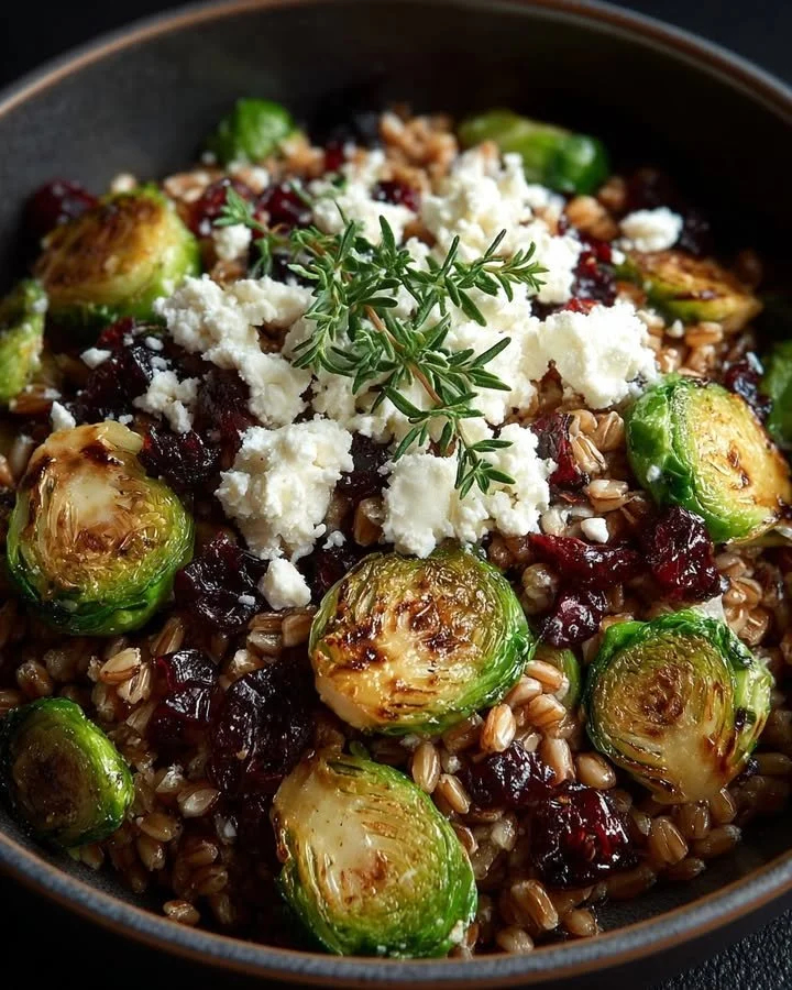 Warm Brussels Sprouts Salad with farro, goat cheese, cranberries, and dressing