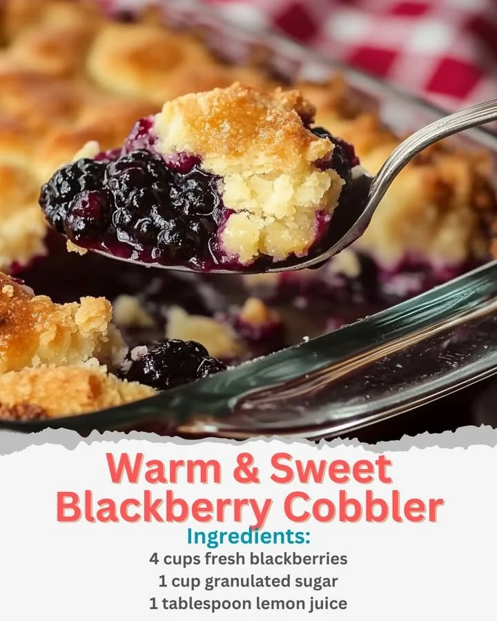 Delicious warm blackberry cobbler served in a dish with a scoop of ice cream on top.