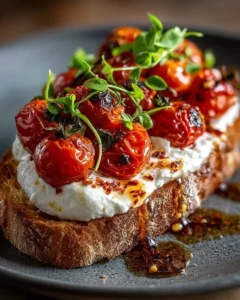 Whipped burrata on roasted tomato toast with chili honey drizzle