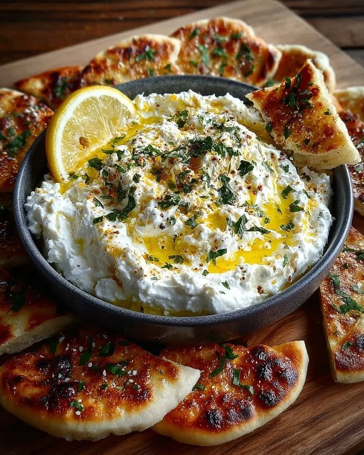 Whipped feta with garlic, lemon, and olive oil, served with pita bread.